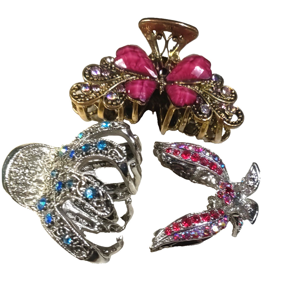 Lot Of 3 Hair Barrettes Clips Ponytail Rhinestone Gold And Silver Tone... - Picture 2 of 9